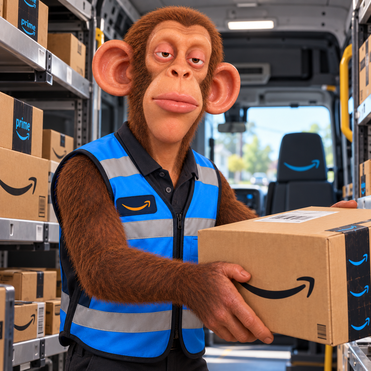 Prime Mate inside a delivery van loaded with Prime boxes